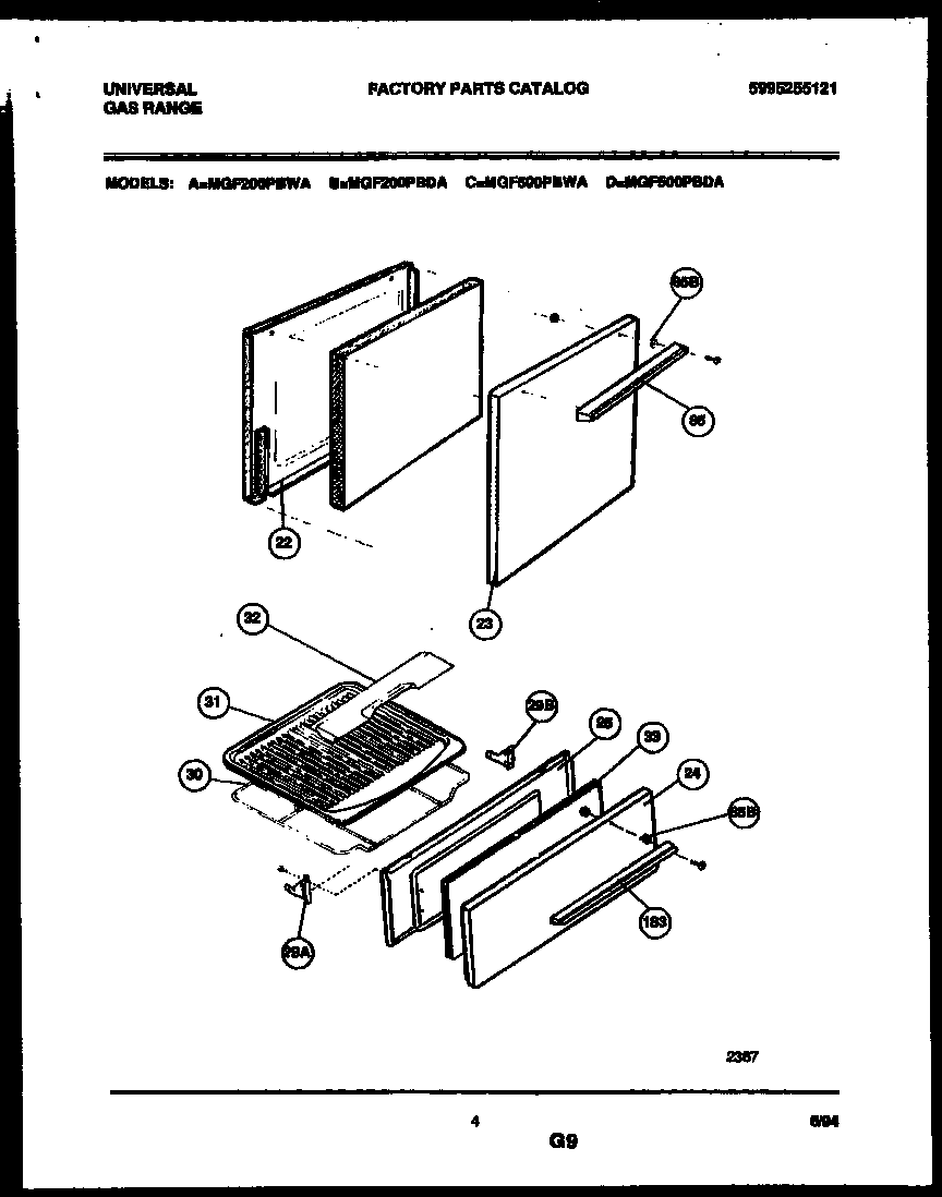 Universal/Multiflex (Frigidaire) MGF500PBDA door and broiler drawer parts diagram