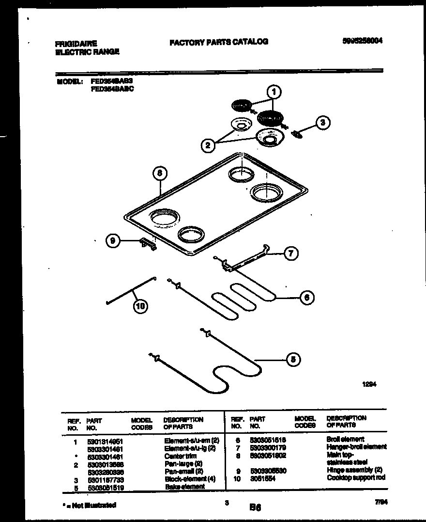 Frigidaire FED354BAB3 cooktop and broiler parts diagram