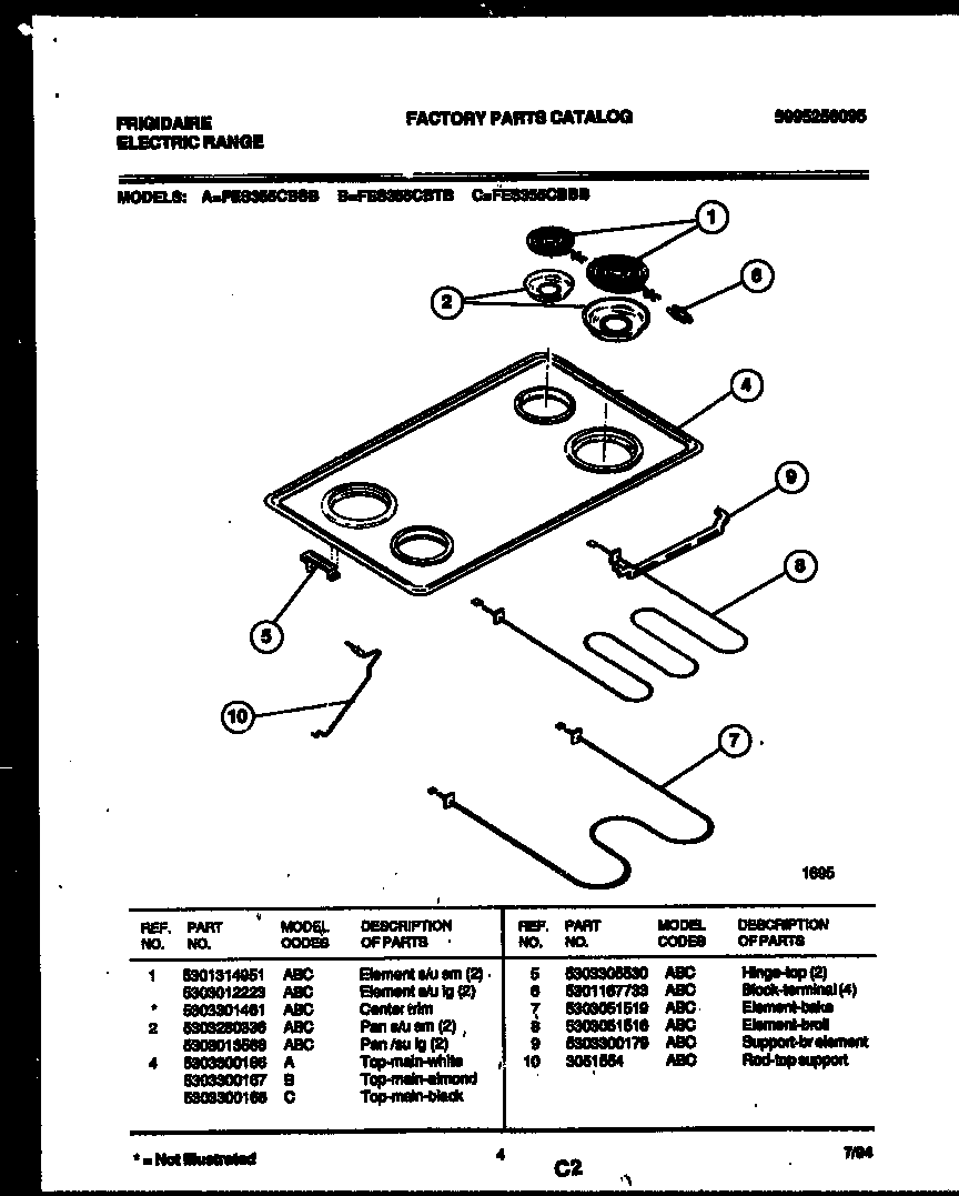 Frigidaire FES355CBBB cooktop and broiler parts diagram