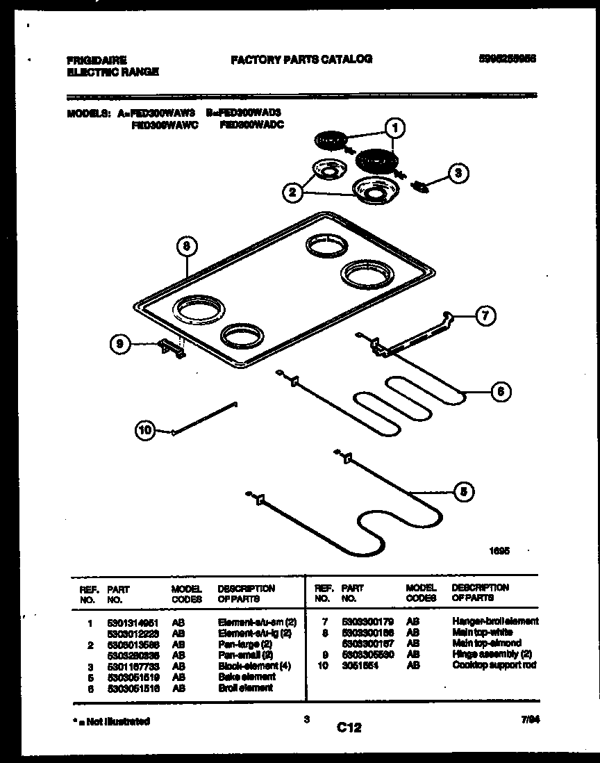 Frigidaire FED300WAD3 cooktop and broiler parts diagram