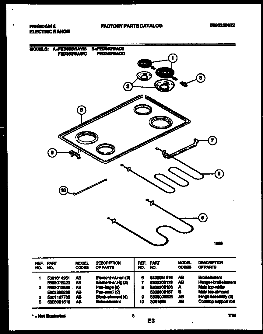 Frigidaire FED353WADC cooktop and broiler parts diagram
