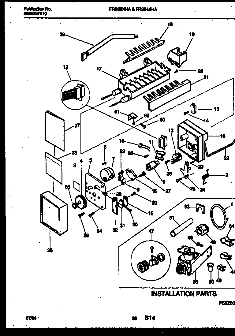 Frigidaire FRS22XHAW1 ice maker and installation parts diagram