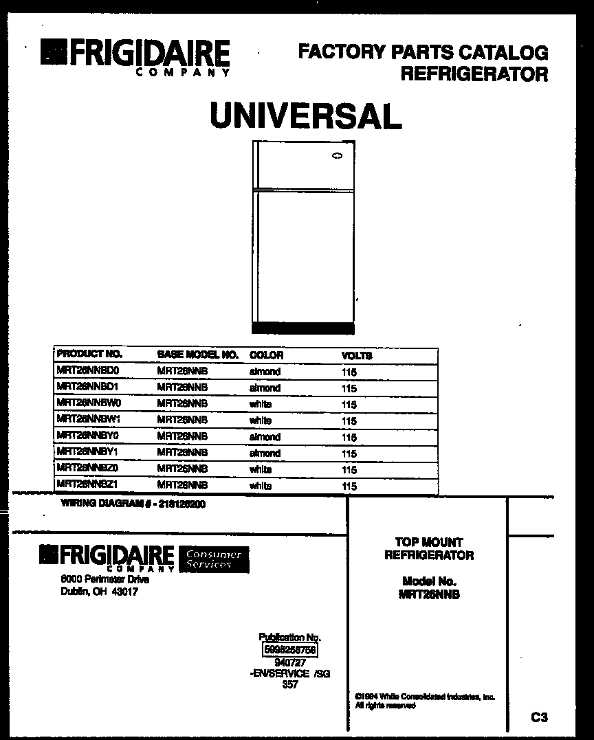 Universal/Multiflex (Frigidaire) MRT26NNBD1 cover diagram