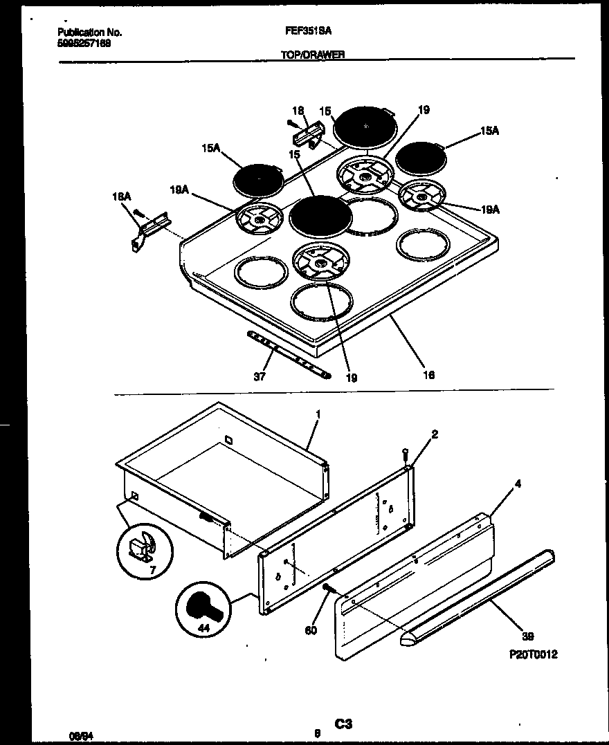 Frigidaire FEF351SADB cooktop and drawer parts diagram