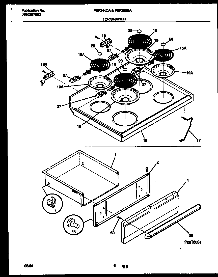 Frigidaire FEF342BADB cooktop and drawer parts diagram