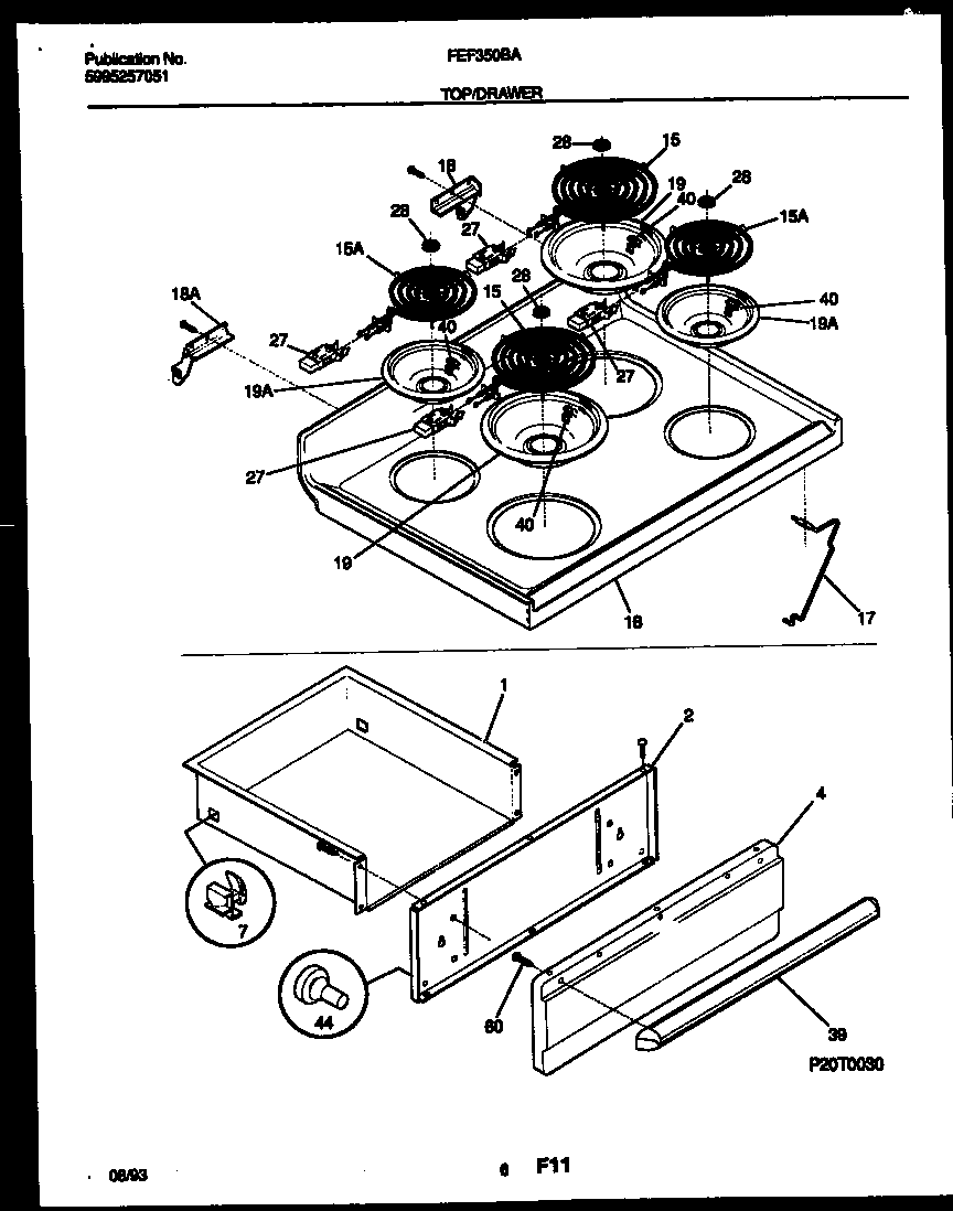Frigidaire FEF350BAWB cooktop and drawer parts diagram