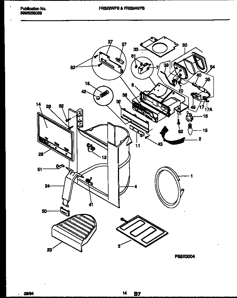 Frigidaire FRS24WPBW0 ice door, dispenser and water tanks diagram