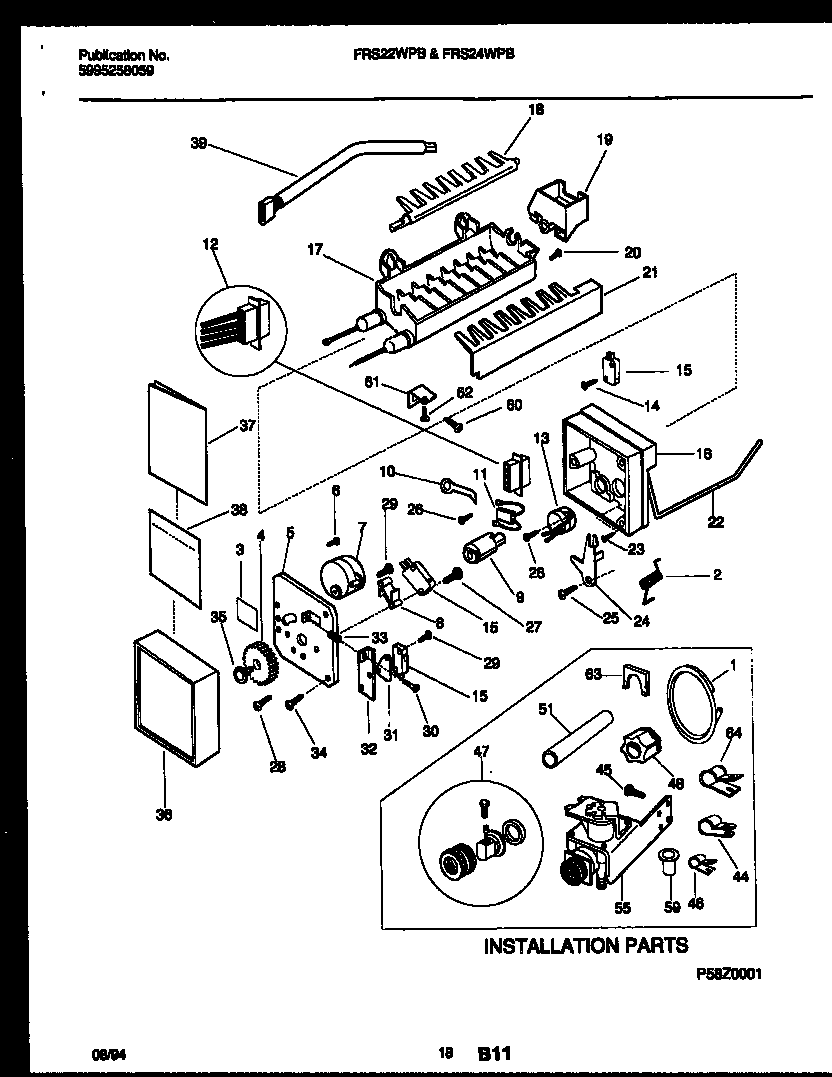 Frigidaire FRS24WPBW0 ice maker and installation parts diagram