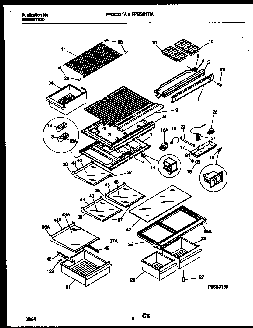 Frigidaire FPGS21TIAL2 shelves and supports diagram