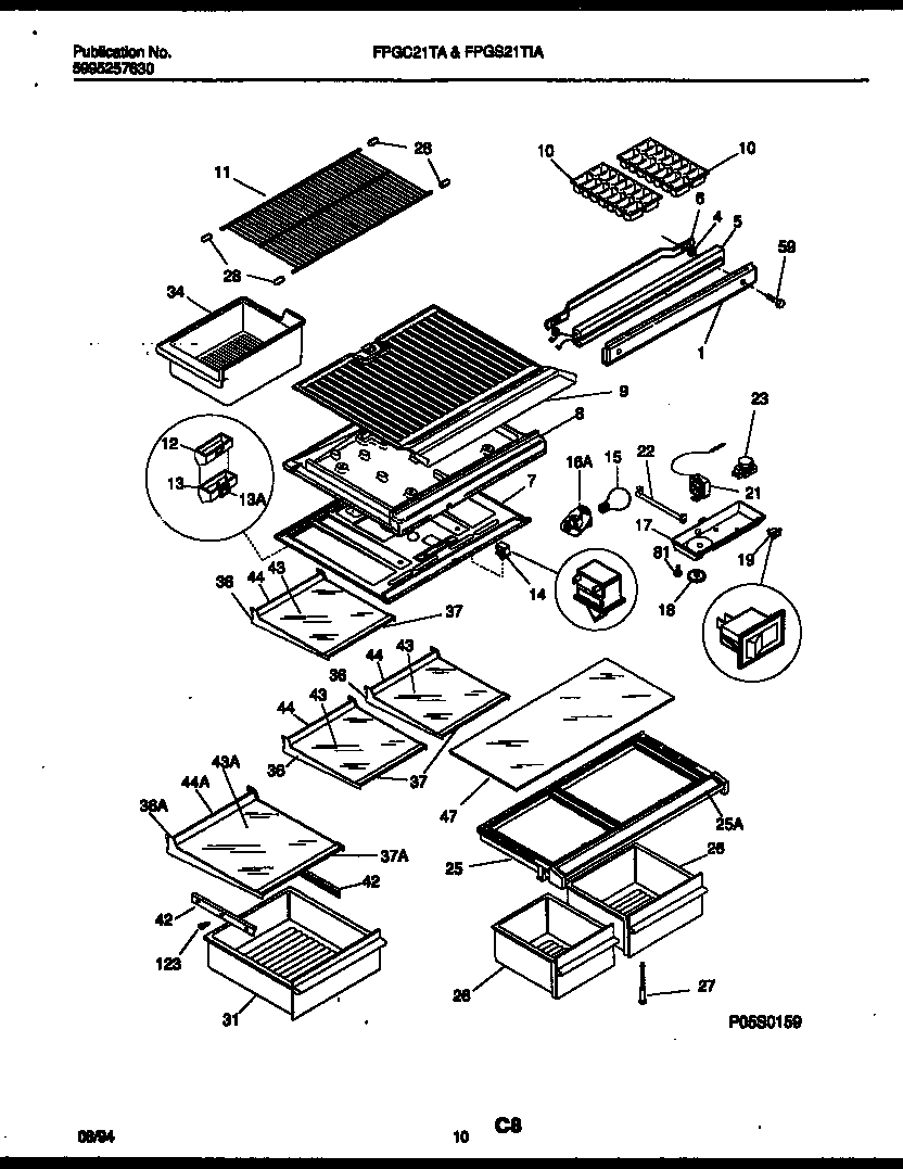 Frigidaire FPGS21TIAL2 shelves and supports diagram