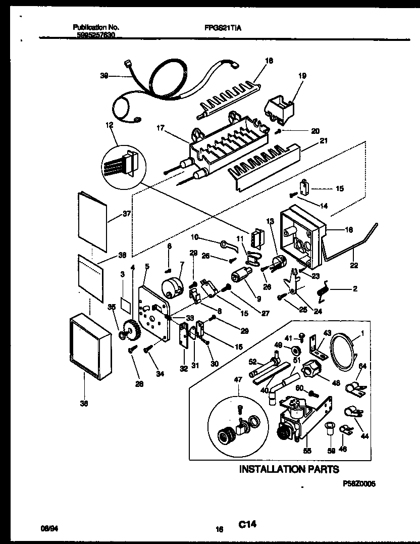 Frigidaire FPGS21TIAL2 ice maker and installation parts diagram