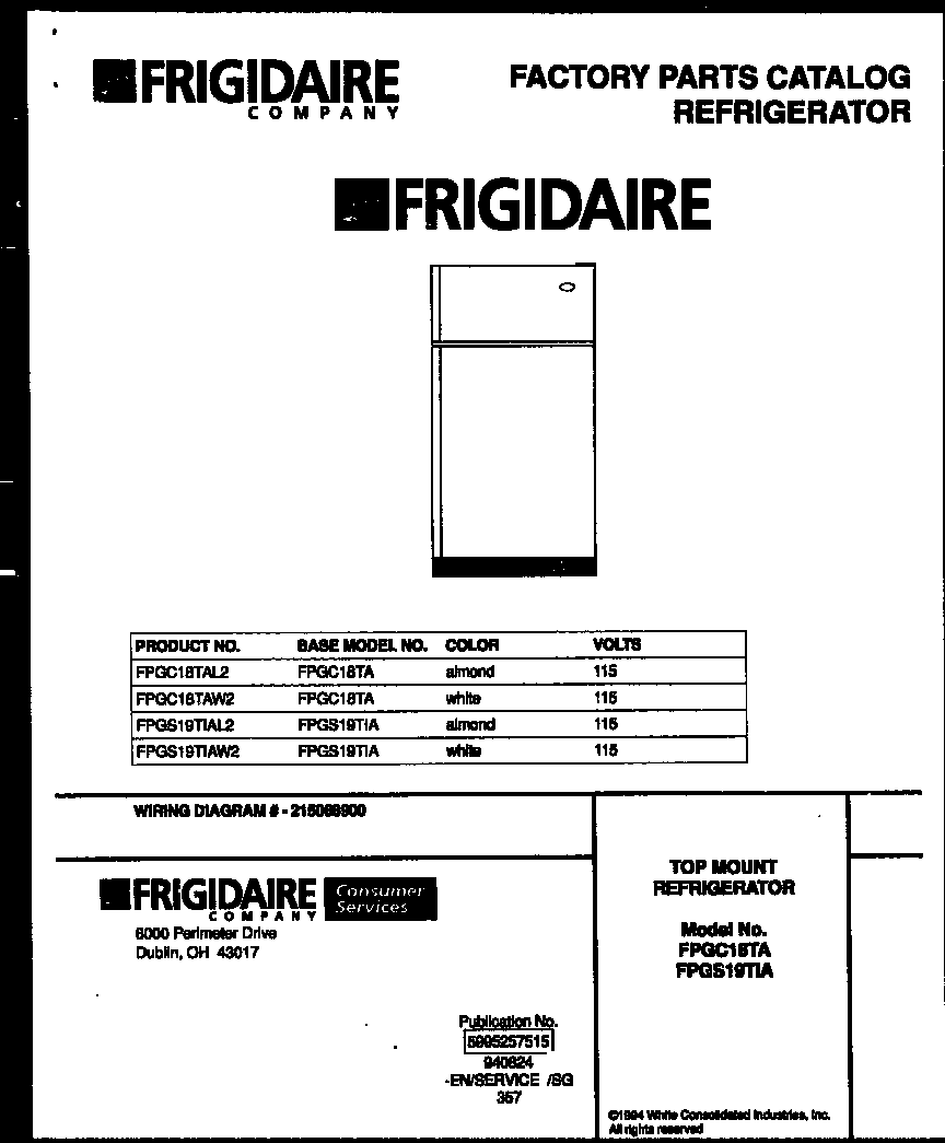 Frigidaire FPGS19TIAW2 cover diagram