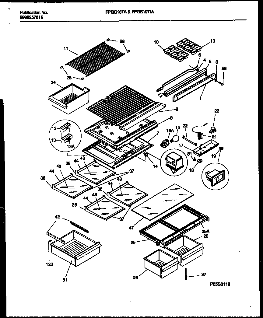 Frigidaire FPGS19TIAW2 shelves and supports diagram