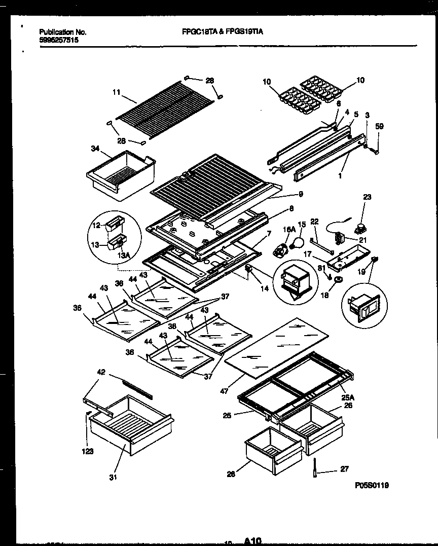Frigidaire FPGS19TIAW2 shelves and supports diagram