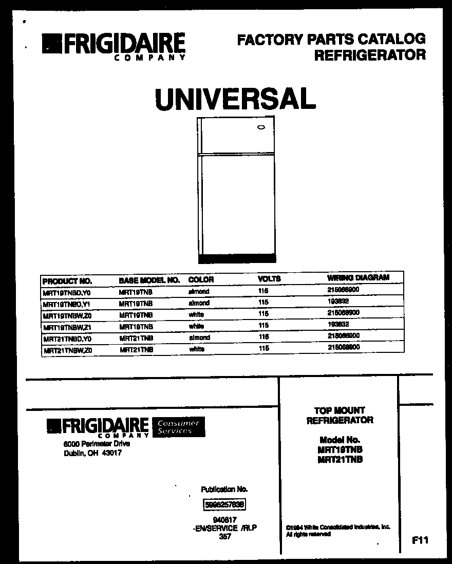 Universal/Multiflex (Frigidaire) MRT21TNBW0 cover diagram