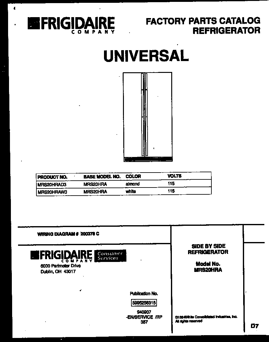 Universal/Multiflex (Frigidaire) MRS20HRAW3 front cover diagram