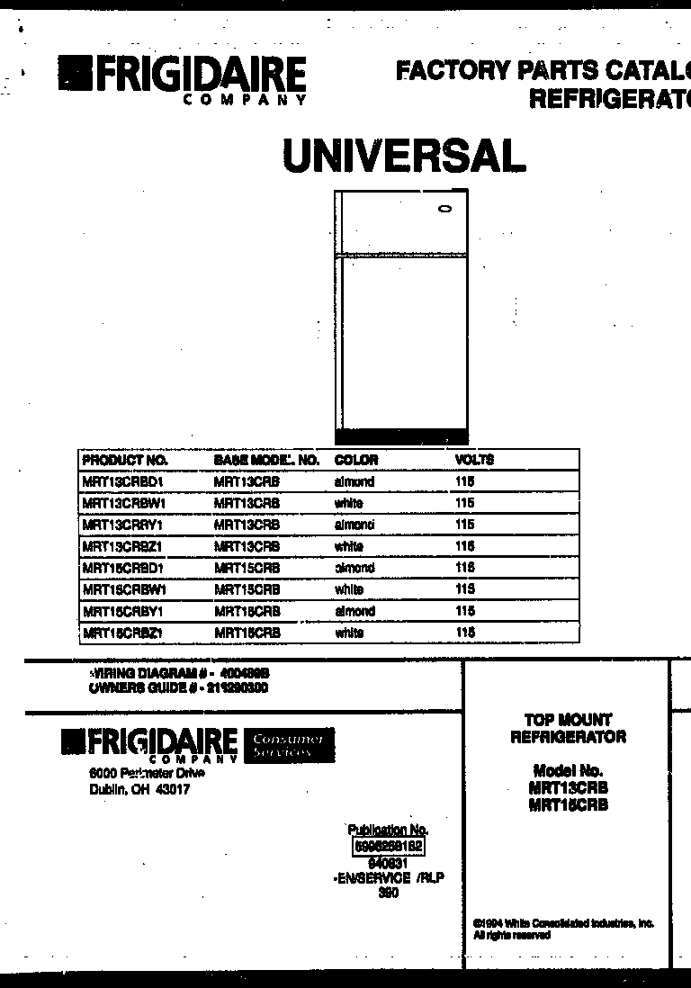 Universal/Multiflex (Frigidaire) MRT13CRBD1 cover diagram