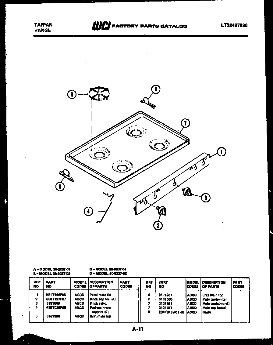 Tappan 30-6237-23-02 cooktop parts diagram