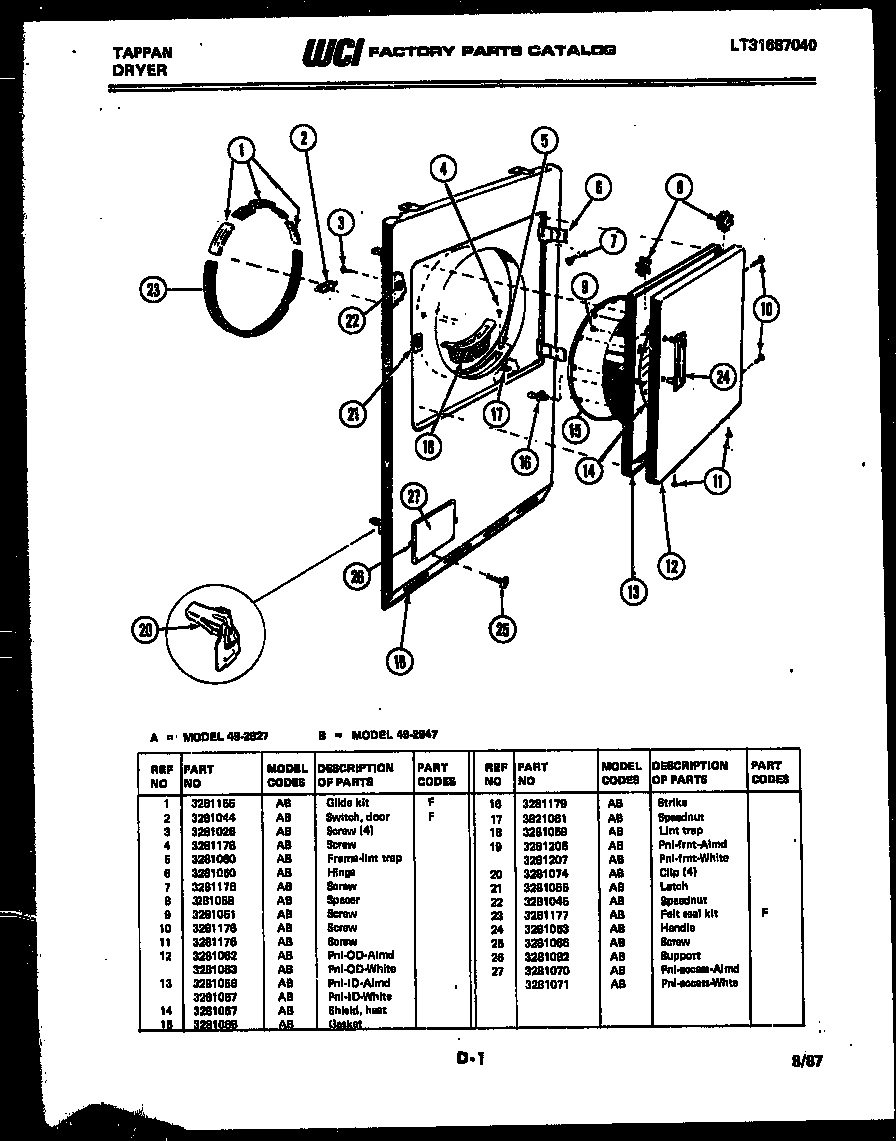 Tappan 49-2827-23-01 door parts diagram