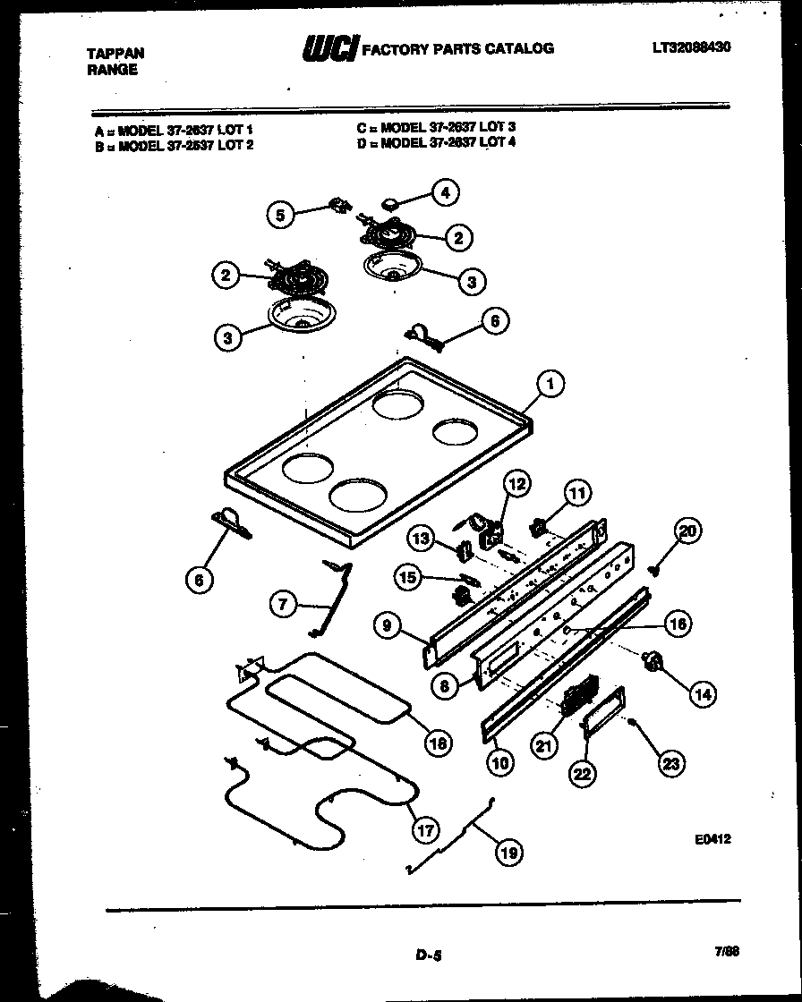 Tappan 37-2637-00-02 cooktop, broiler and backguard diagram
