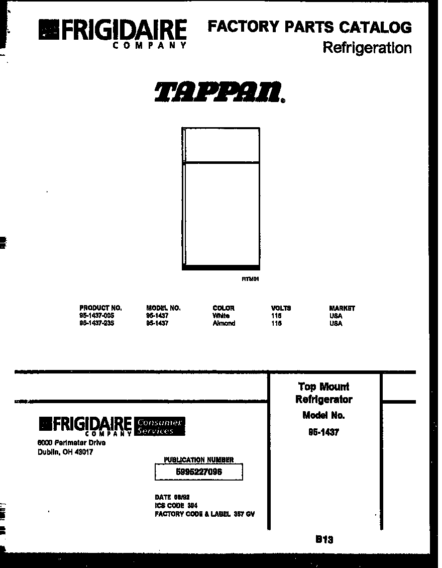 Tappan 95-1437-23-05 cover diagram
