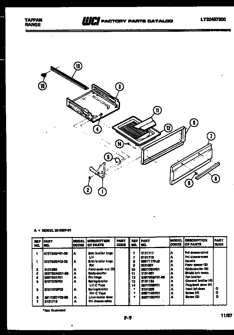 Tappan 32-2207-66-01 broiler drawer parts diagram
