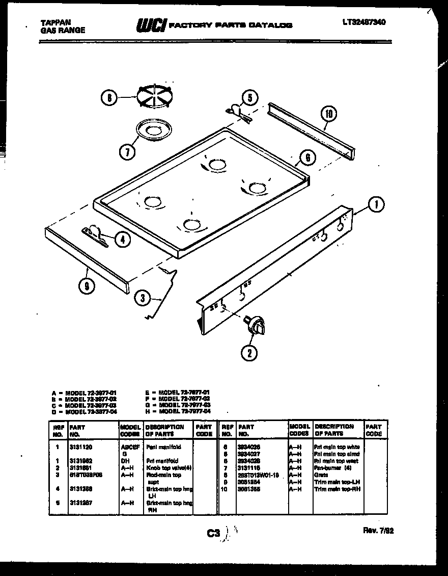 Tappan 72-7977-00-01 cooktop parts diagram