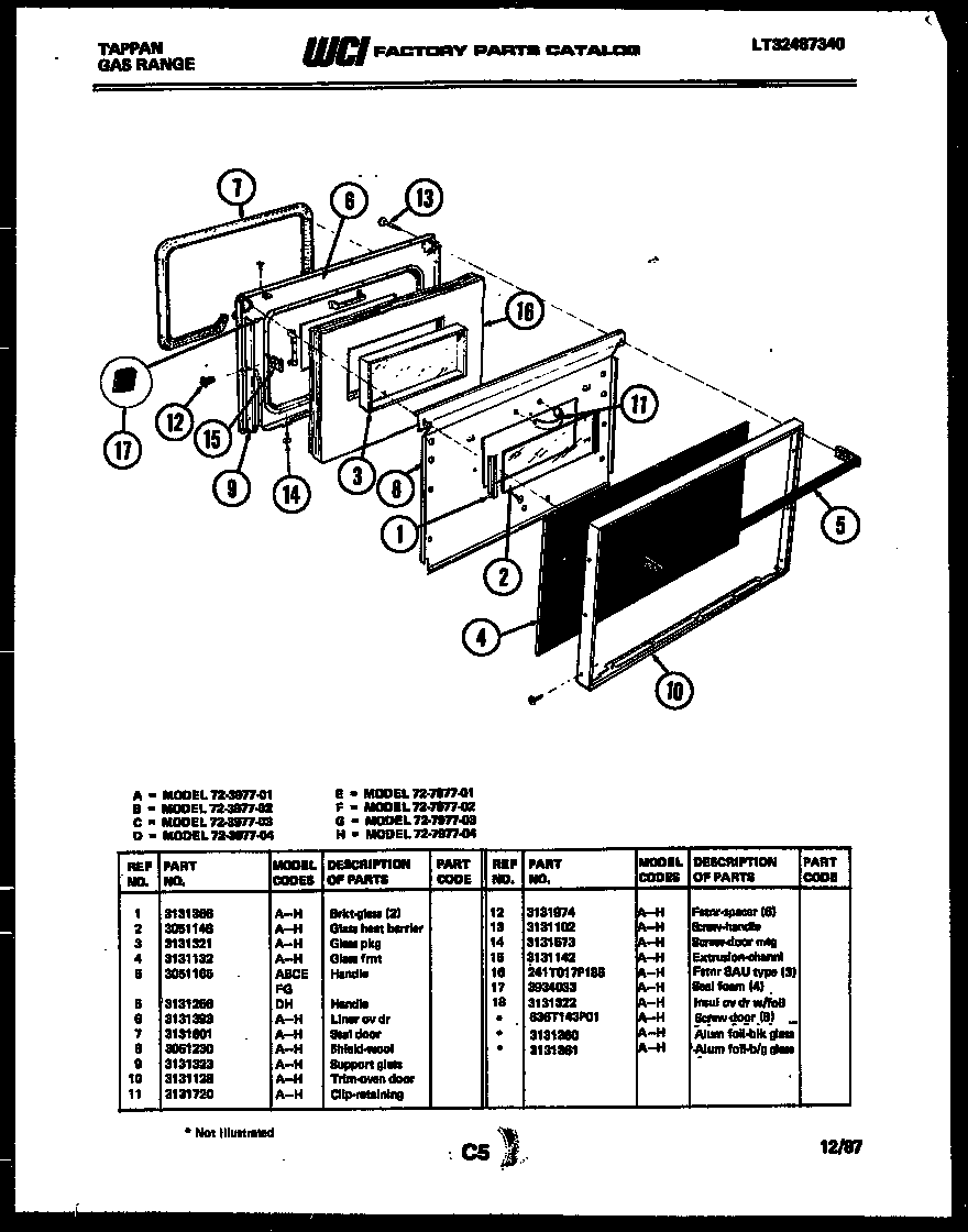 Tappan 72-7977-00-01 lower oven door parts diagram