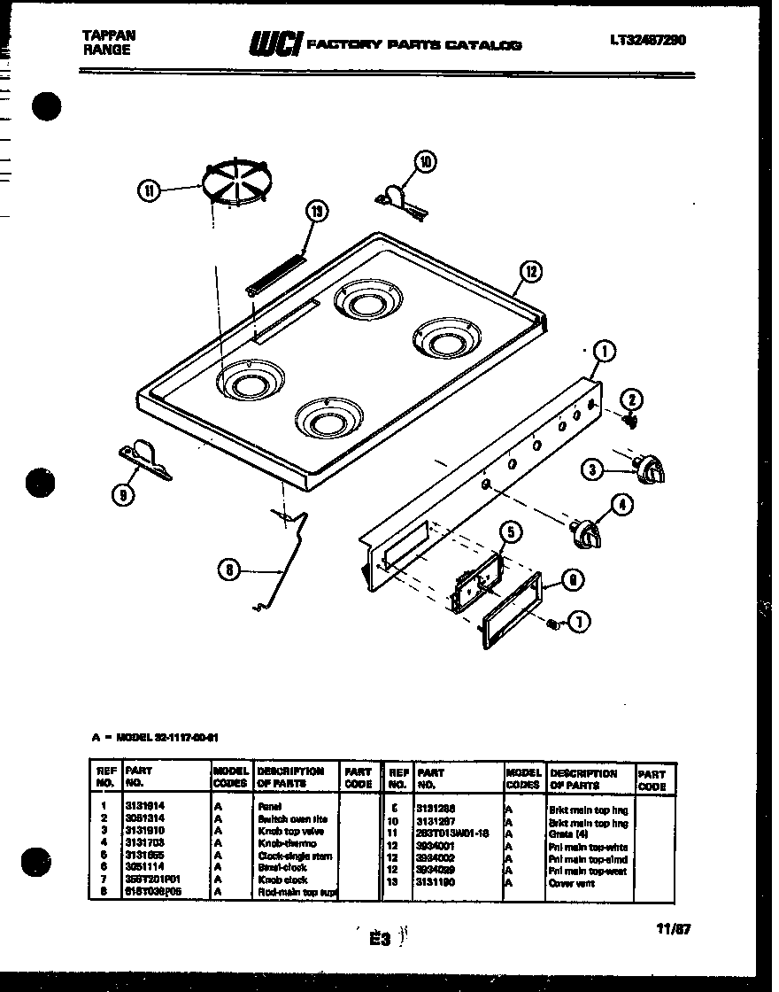 Tappan 32-1117-23-01 cooktop parts diagram