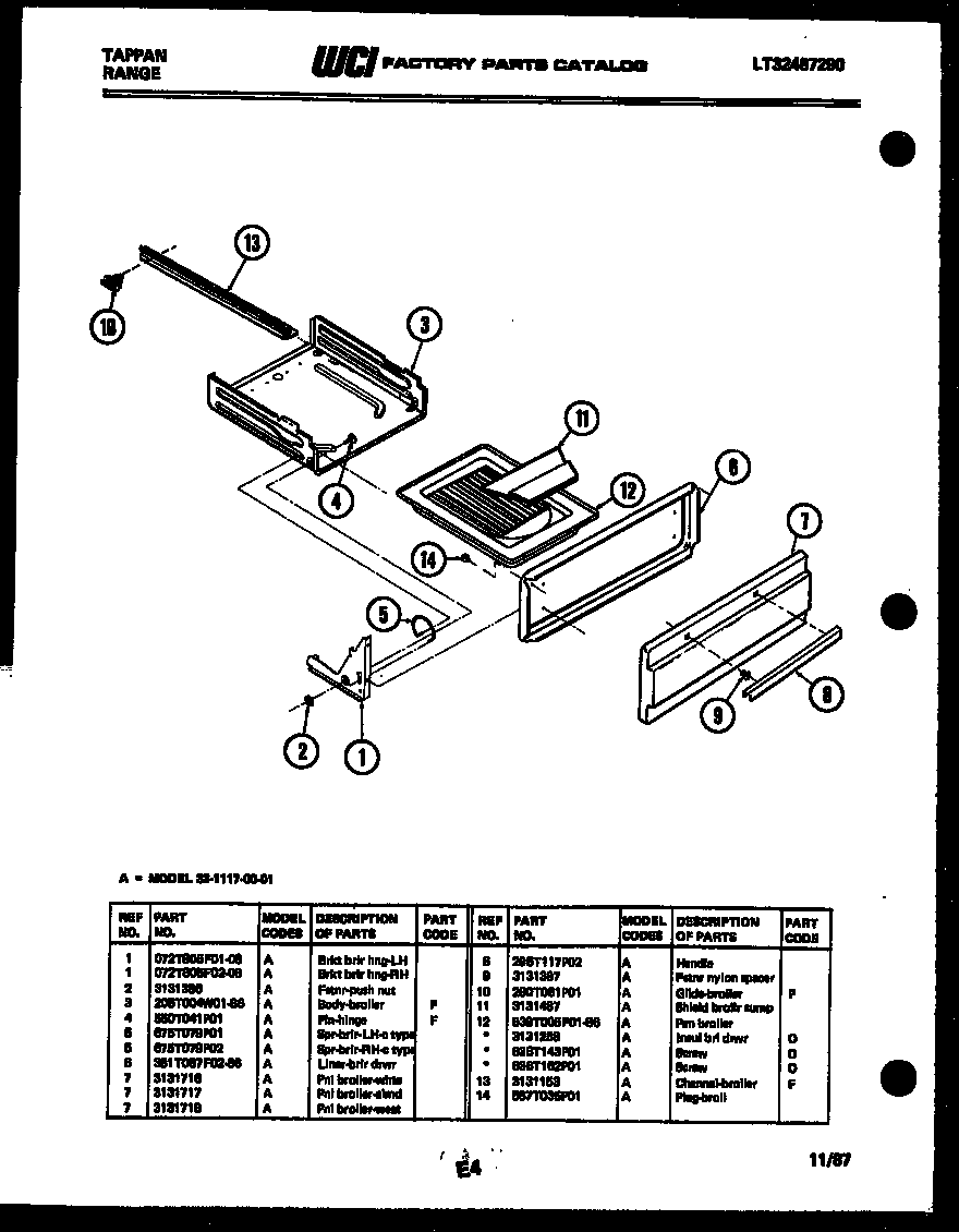 Tappan 32-1117-23-01 broiler drawer parts diagram