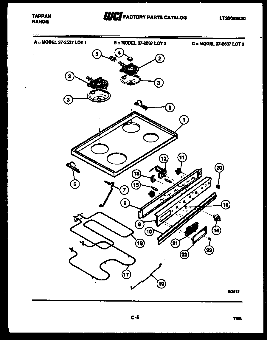 Tappan 37-2537-23-03 cooktop, broiler and control parts diagram