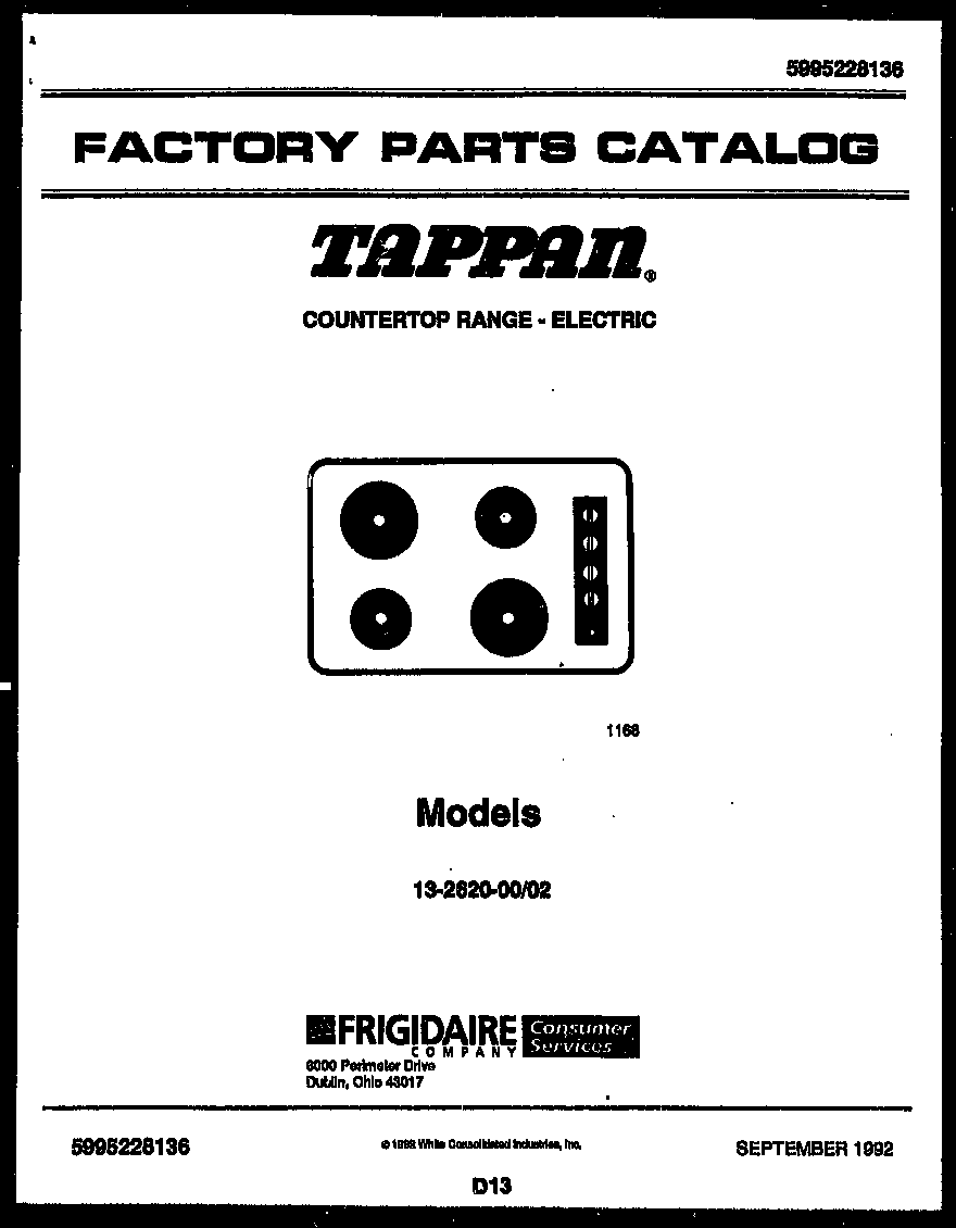 Tappan 13-2620-00-02 cover diagram