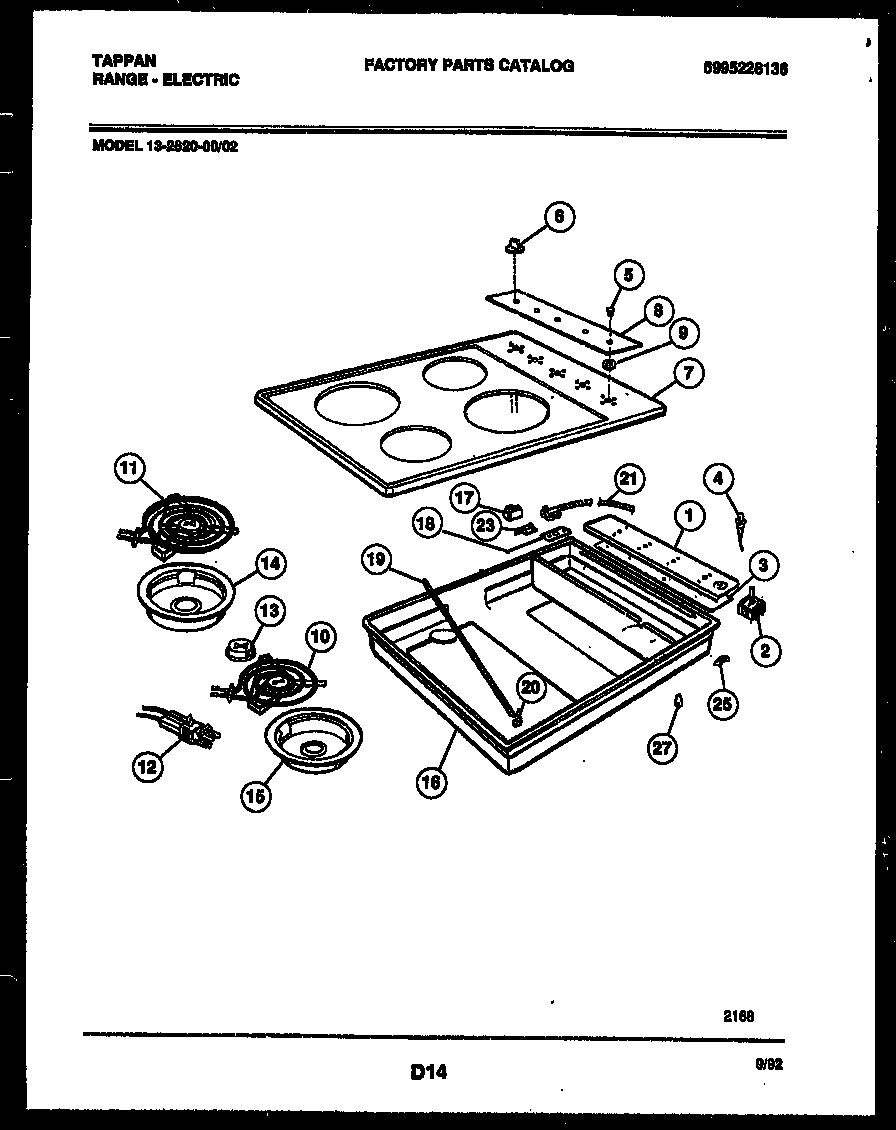 Tappan 13-2620-00-02 cooktop parts diagram