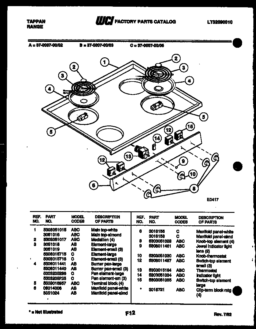 Tappan 37-0007-00-03 cooktop parts diagram