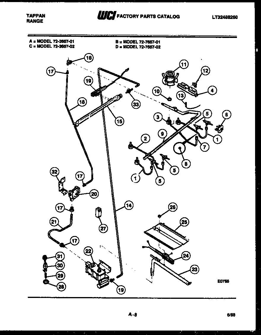 Tappan 72-7657-23-02 burner, manifold and gas control diagram