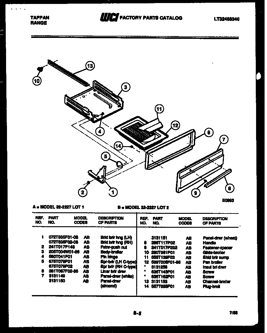 Tappan 32-2227-00-01 broiler drawer parts diagram
