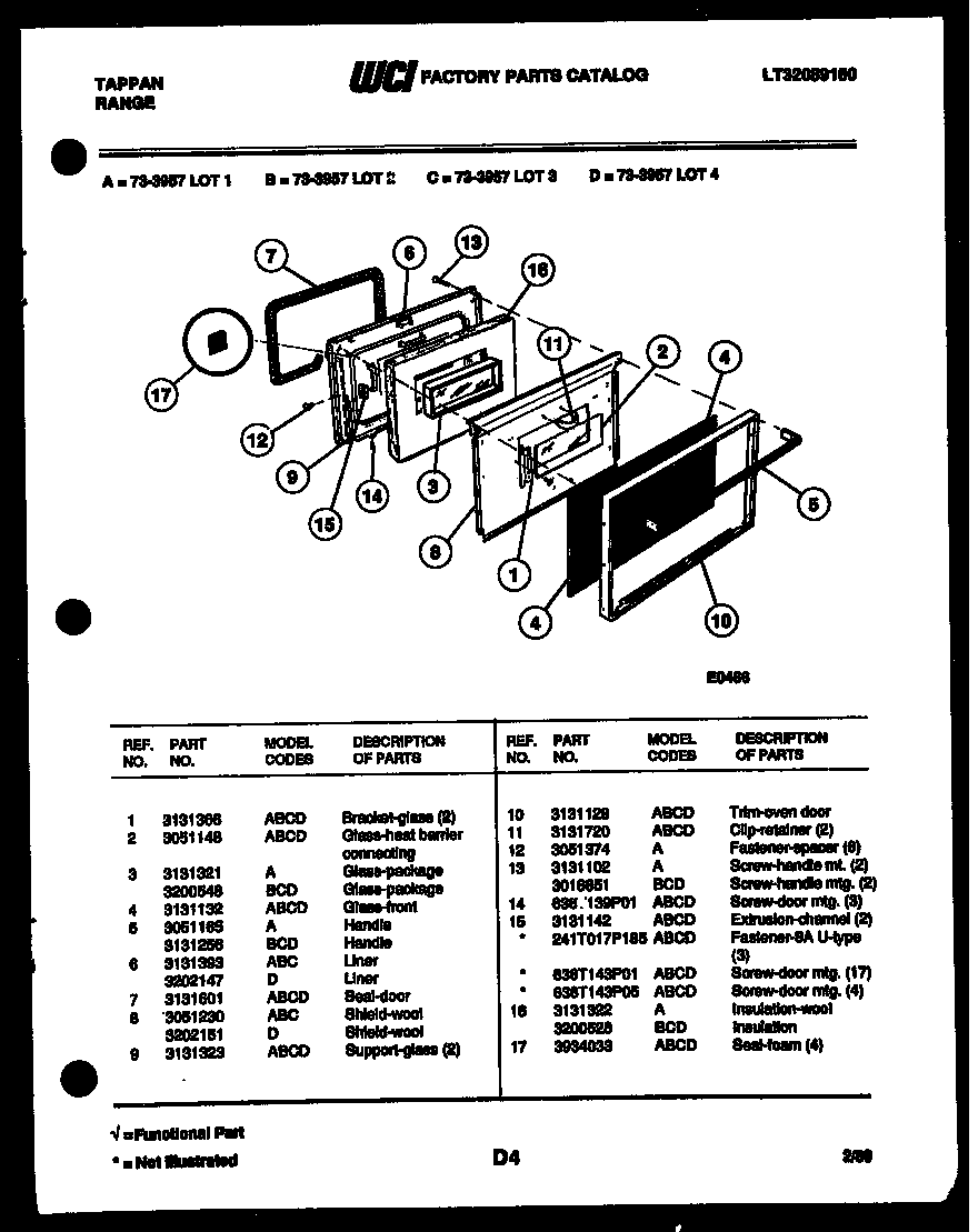 Tappan 73-3957-00-02 lower oven door parts diagram