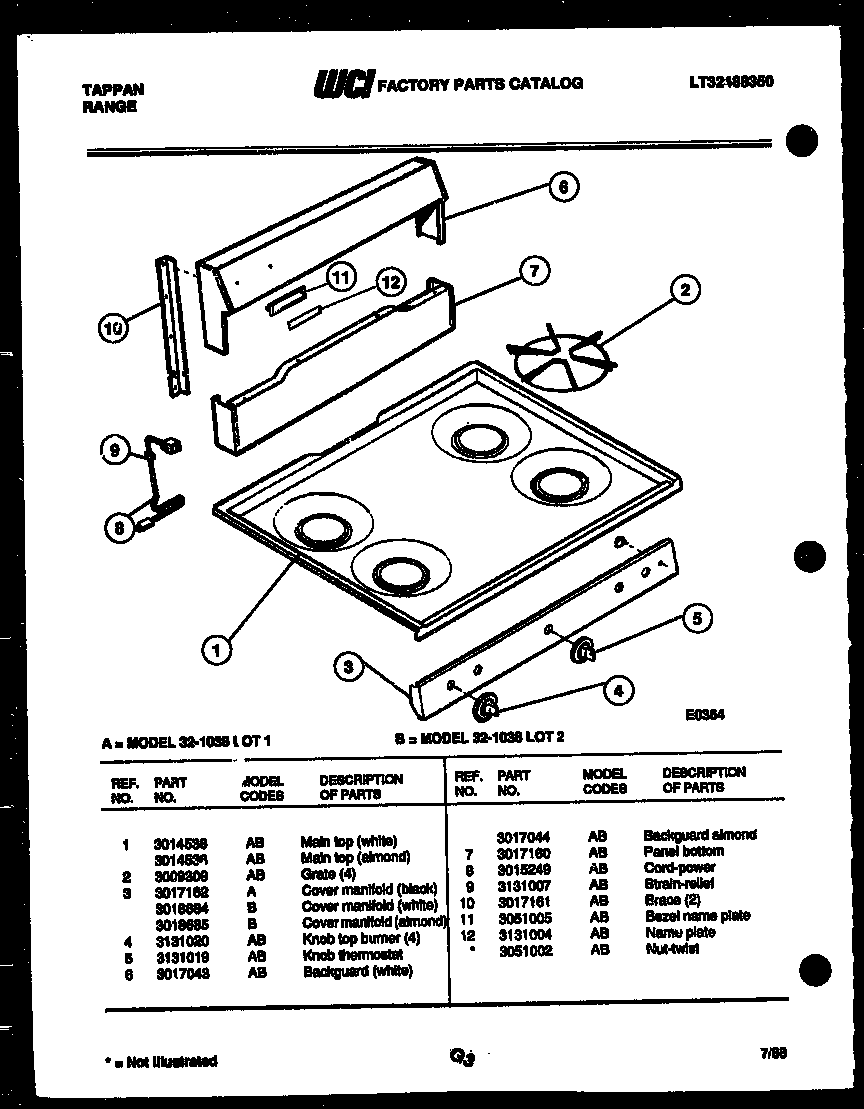Tappan 32-1038-00-01 backguard and cooktop parts diagram