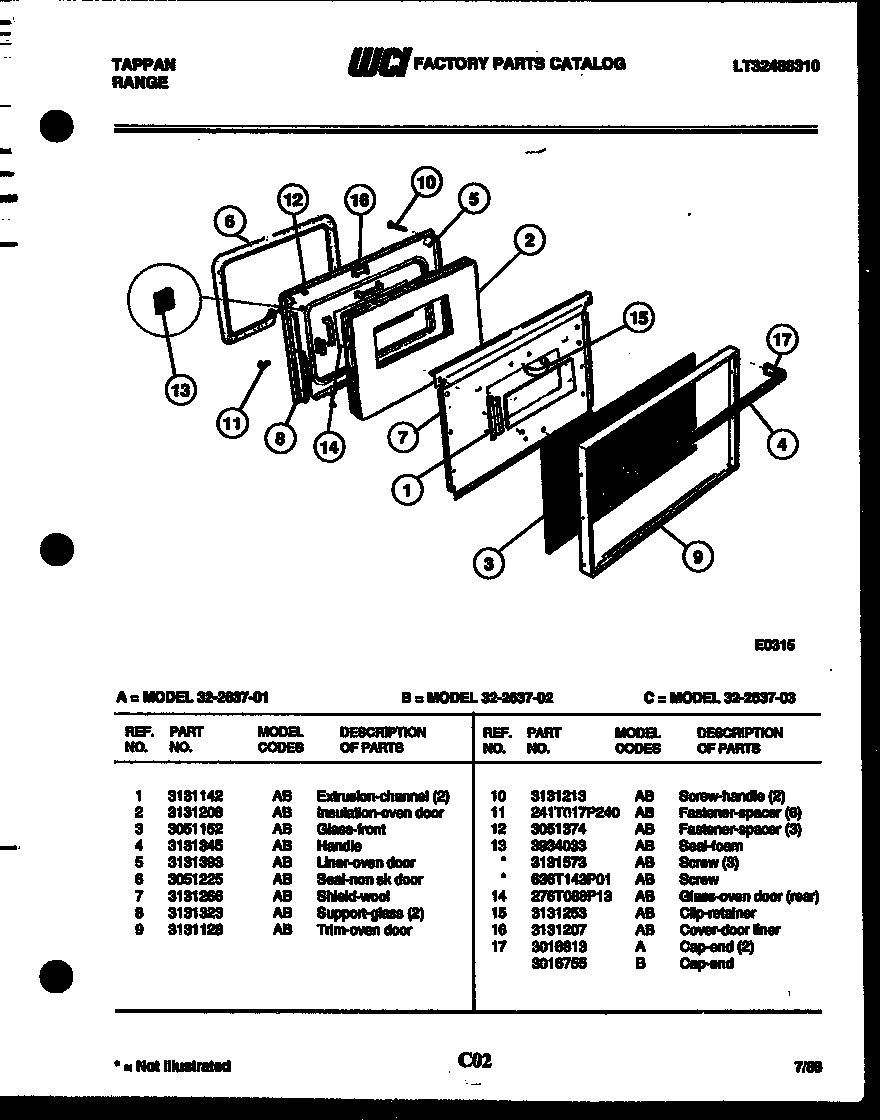 Tappan 32-2637-08-01 door parts diagram