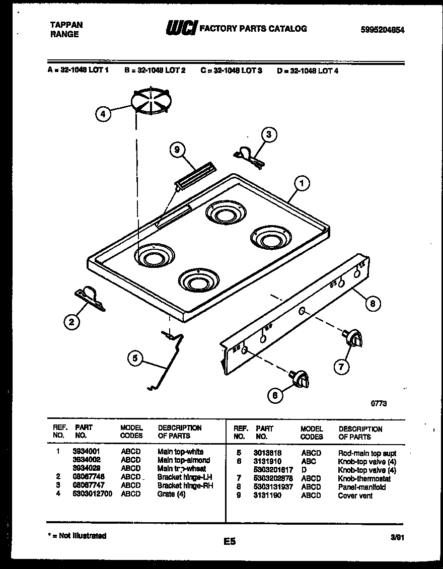 Tappan 32-1048-00-03 cooktop parts diagram
