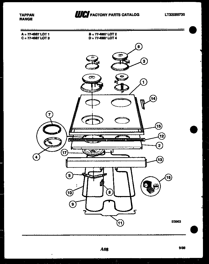 Tappan 77-4987-00-04 cooktop and broiler parts diagram