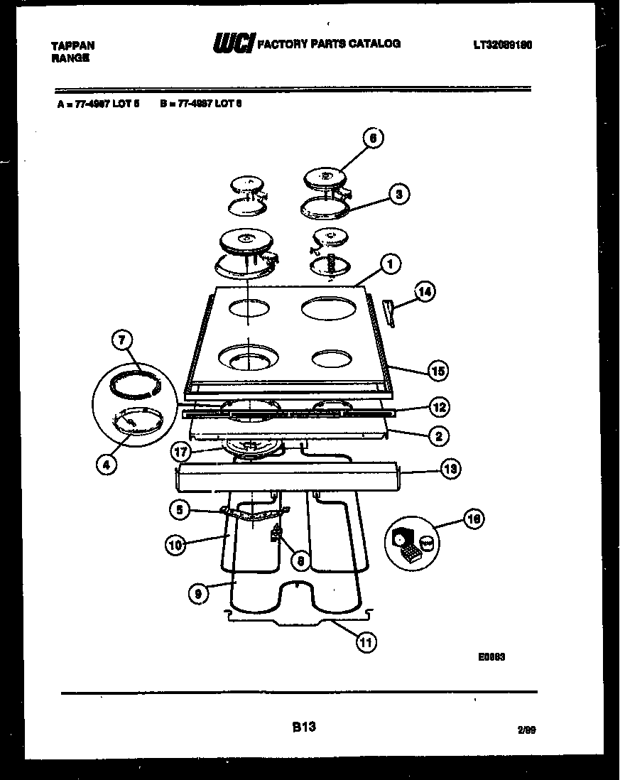 Tappan 77-4987-00-05 cooktop and broiler parts diagram