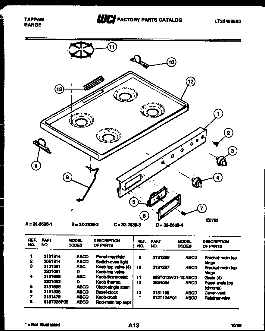 Tappan 32-2638-00-02 cooktop and control parts diagram