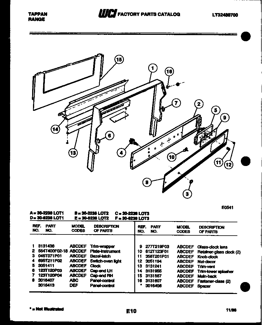 Tappan 30-2238-66-01 backguard and control parts diagram