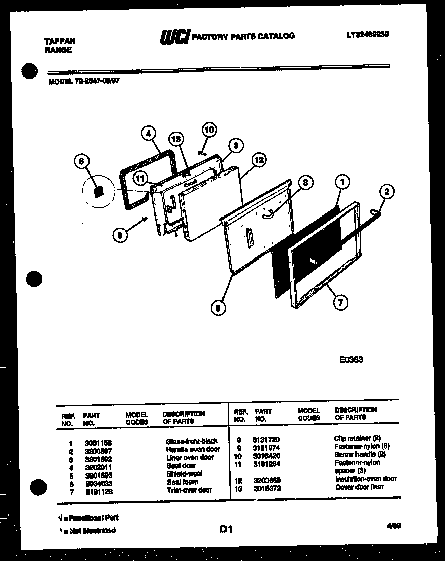 Tappan 72-2547-00-07 lower oven door parts diagram