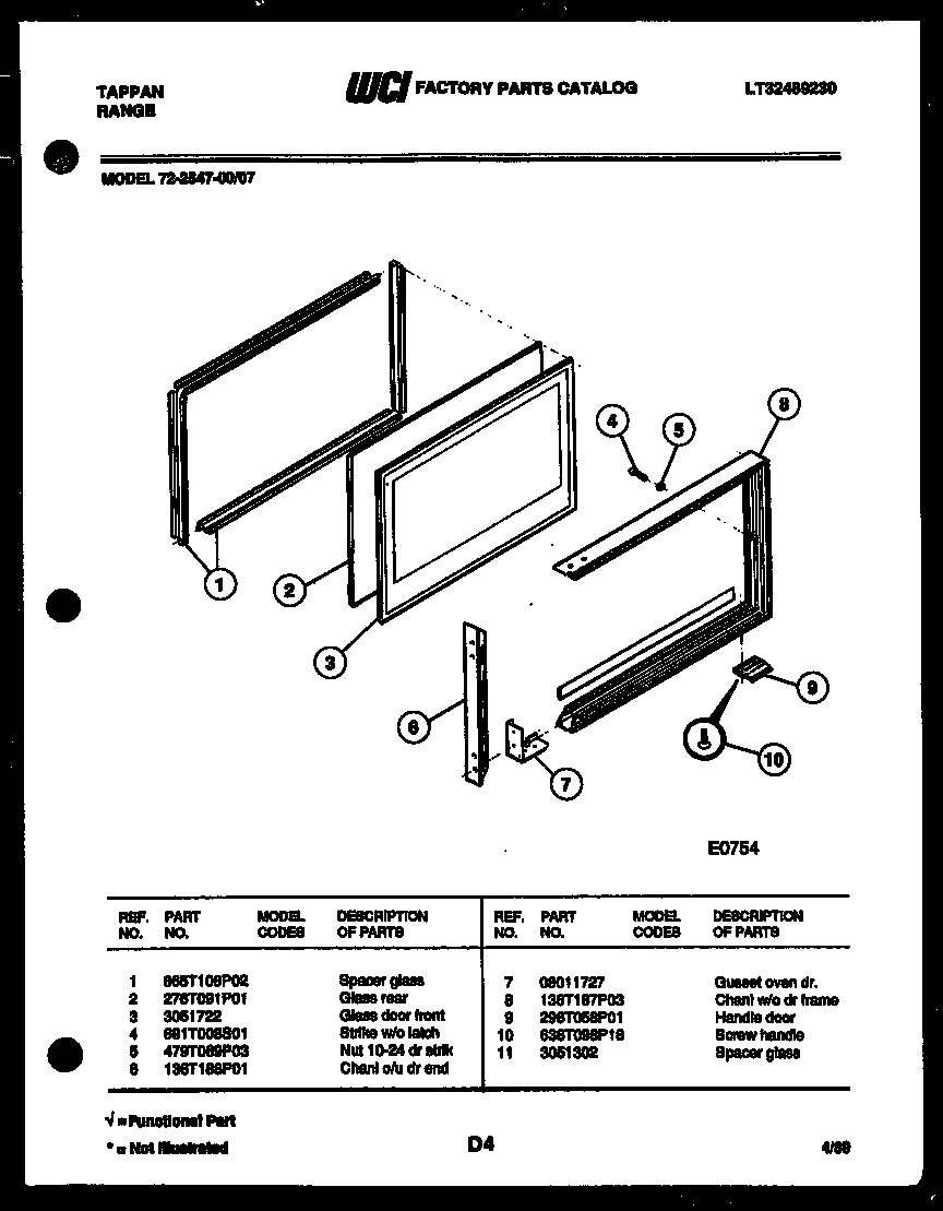 Tappan 72-2547-00-07 upper oven door parts diagram