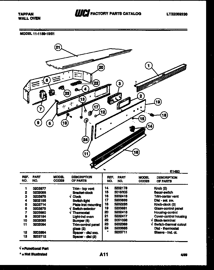 Tappan 11-1159-00-01 control panel diagram