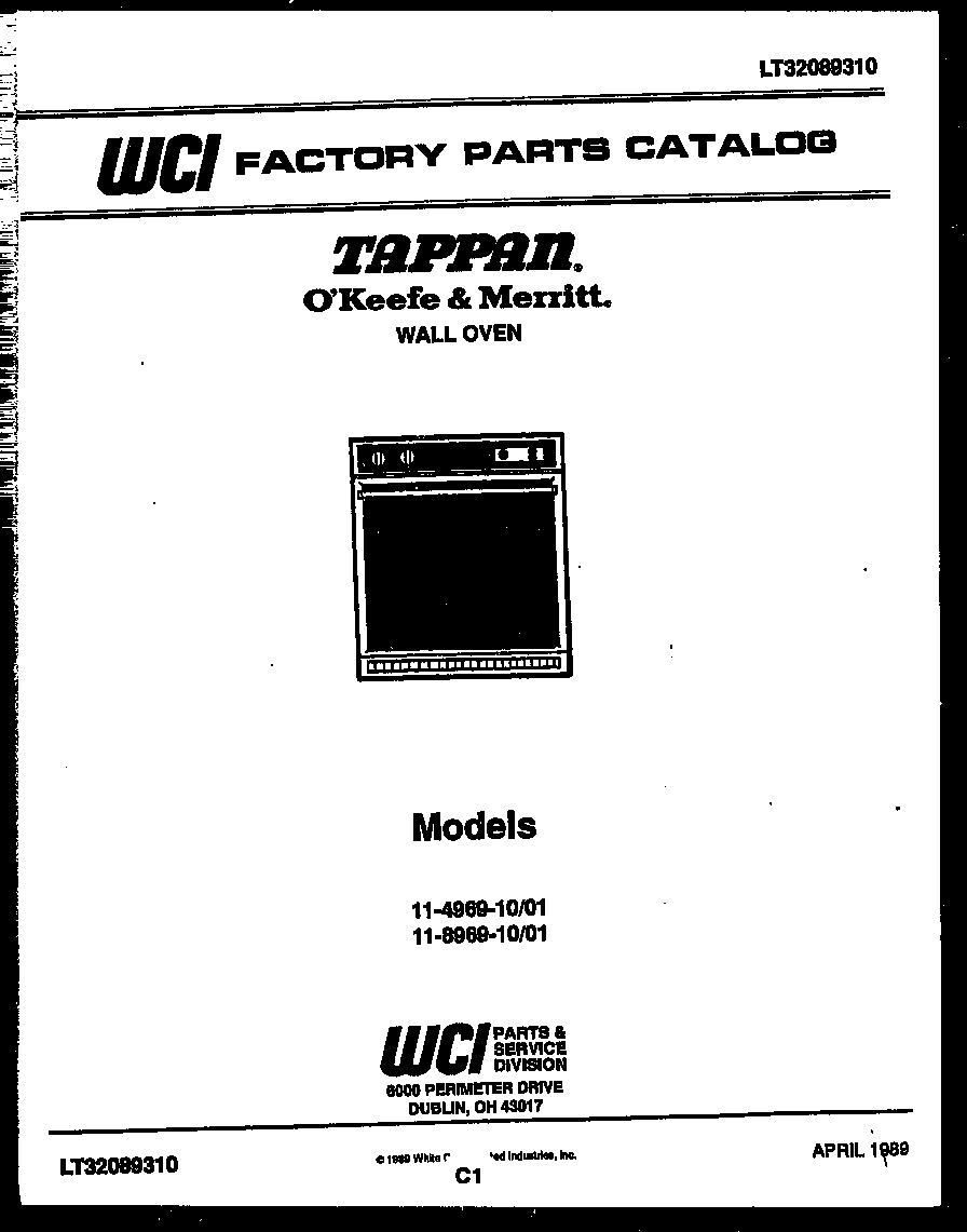 Tappan 11-8969-00-01 cover page- text only diagram