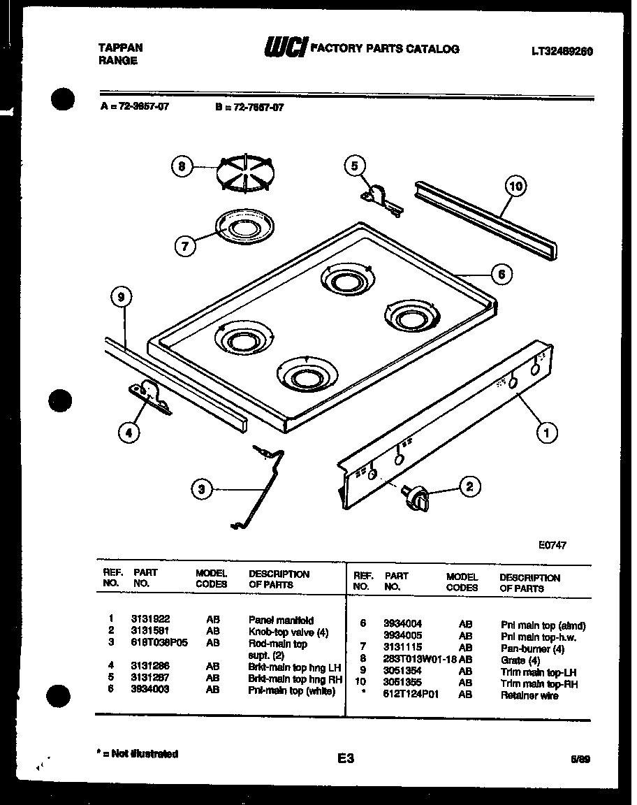 Tappan 72-7657-00-07 cooktop parts diagram