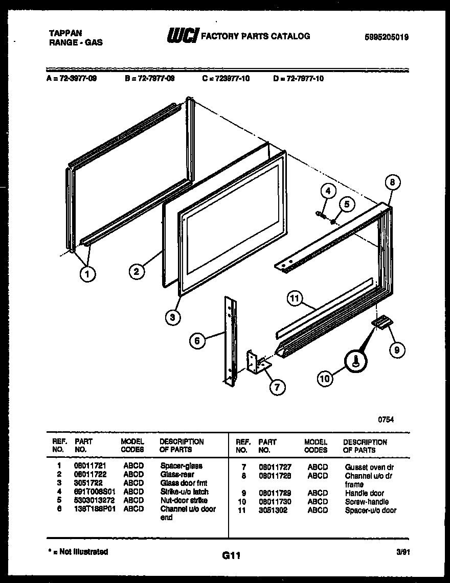 Tappan 72-3977-00-10 upper oven door parts diagram